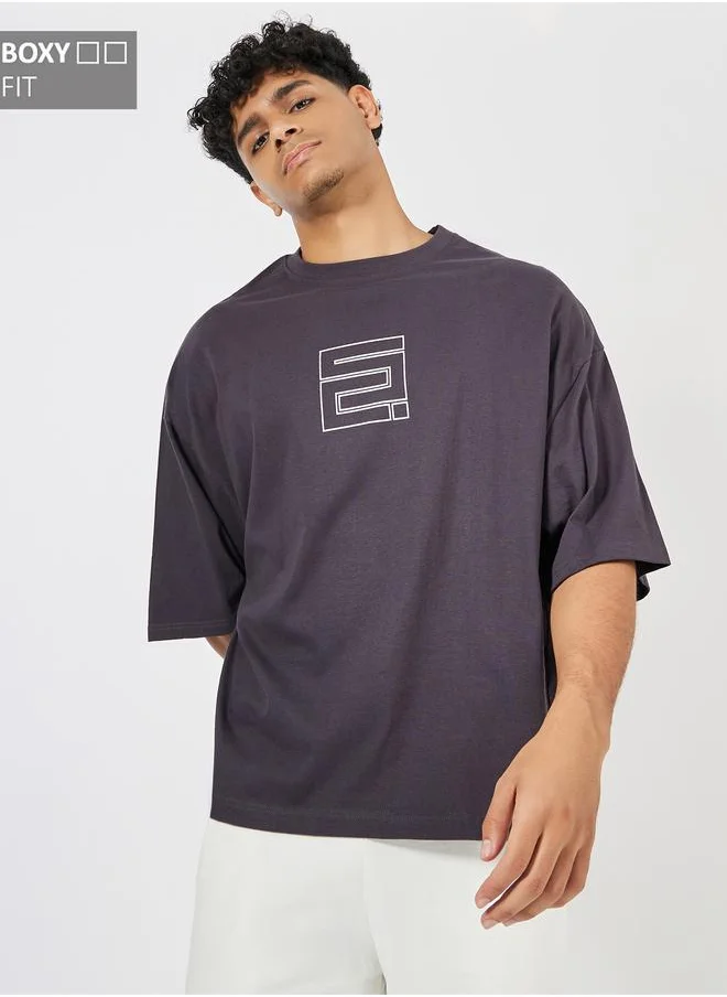 ستايلي Styli Chest Graphic Compact Jersey Boxy T-Shirt