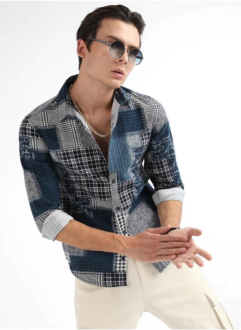 Campus Sutra Men's Navy Blue Herringbone Block Shirt
