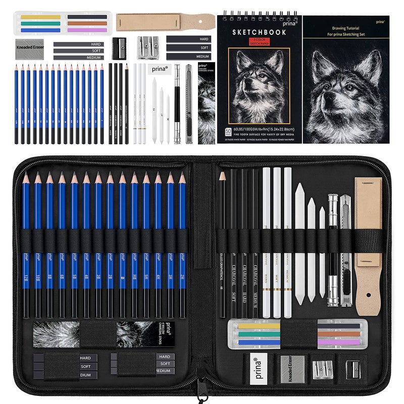 Prina 50 Pack Drawing Set Sketch Kit Sketching Supplies with 3Color Sketchbook Graphite and Charcoal Pencils Pro Art Drawing Kit for Artists Adults Teens Beginner Kid Ideal for Shading Blending