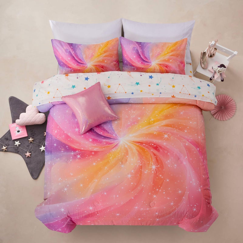 A Nice Night 6Pcs Twin Swirling Galaxy Dreamy Comforter Set, Colorful Rainbow Gradient Glitter Tie Dye Comforters, Ultra Soft Bedding Set (Purple-Pink, Twin 6Pcs) - Image 1