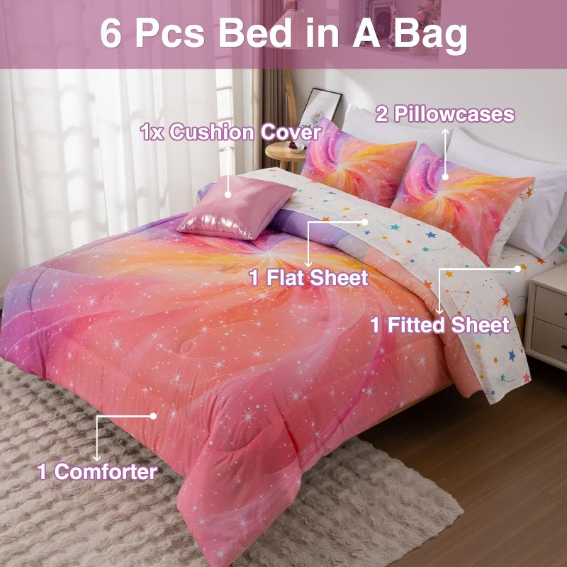 A Nice Night 6Pcs Twin Swirling Galaxy Dreamy Comforter Set, Colorful Rainbow Gradient Glitter Tie Dye Comforters, Ultra Soft Bedding Set (Purple-Pink, Twin 6Pcs) - Image 5