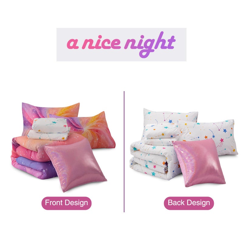 A Nice Night 6Pcs Twin Swirling Galaxy Dreamy Comforter Set, Colorful Rainbow Gradient Glitter Tie Dye Comforters, Ultra Soft Bedding Set (Purple-Pink, Twin 6Pcs) - Image 4