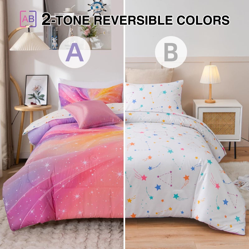 A Nice Night 6Pcs Twin Swirling Galaxy Dreamy Comforter Set, Colorful Rainbow Gradient Glitter Tie Dye Comforters, Ultra Soft Bedding Set (Purple-Pink, Twin 6Pcs) - Image 2