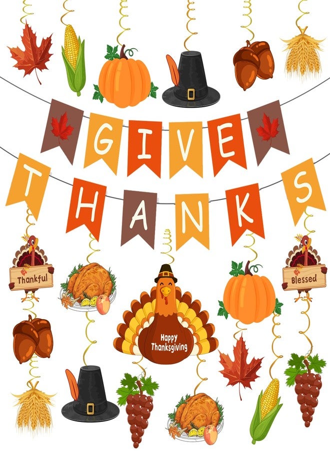 AinDen Thanksgiving Decorations, Pre-Assembled GIVE THANKS Banner and Hanging Swirls, Thanksgiving Decor for Indoor Classroom Office Home, Fall Party Decoration Supplies - Image 1