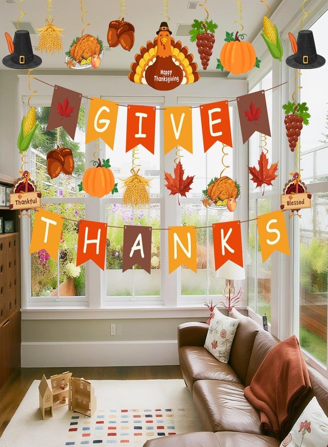 AinDen Thanksgiving Decorations, Pre-Assembled GIVE THANKS Banner and Hanging Swirls, Thanksgiving Decor for Indoor Classroom Office Home, Fall Party Decoration Supplies - Image 3