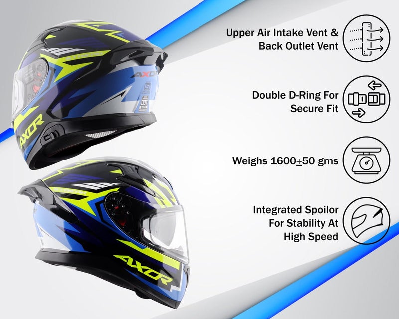 Axor Apex Streak ISI ECE and DOT Certified Gloss Finish Full Face Helmet for Men with Pinlock Fitted Outer Clear and Inner Sun Smoke Visor- Black Blue Helmet-XL - Image 4