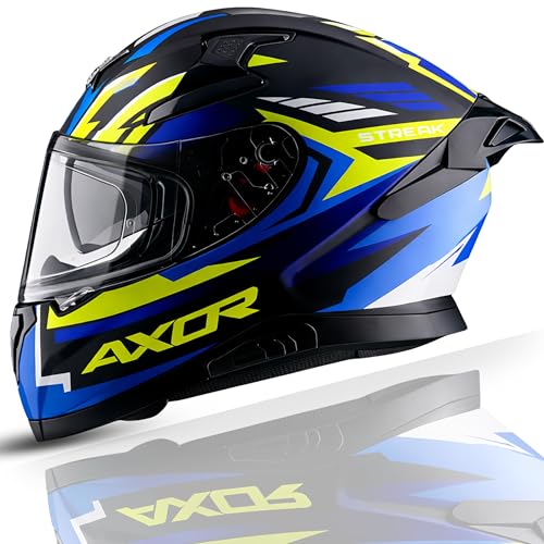 Axor Apex Streak ISI ECE and DOT Certified Gloss Finish Full Face Helmet for Men with Pinlock Fitted Outer Clear and Inner Sun Smoke Visor- Black Blue Helmet-XL - Image 1