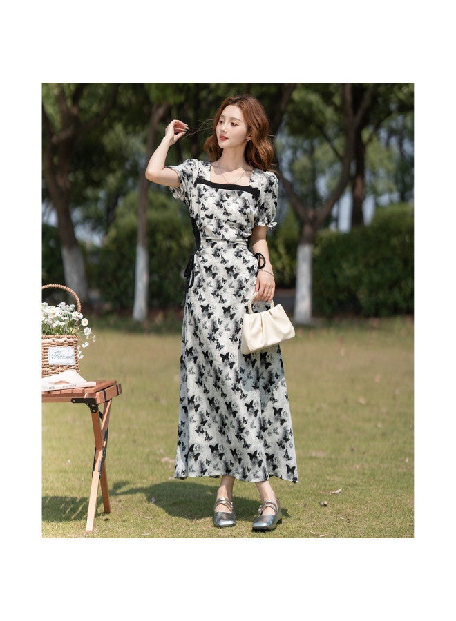 TonLion 2025 Summer Women's Square Neck Short Sleeve Color-blocking Dress - Elegant Lady Style, Versatile Fashion Youthful Long Dress - Image 3
