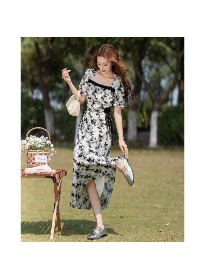 TonLion 2025 Summer Women's Square Neck Short Sleeve Color-blocking Dress - Elegant Lady Style, Versatile Fashion Youthful Long Dress - Image 4