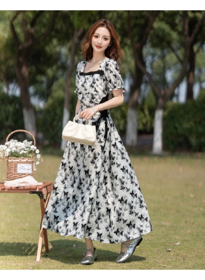 TonLion 2025 Summer Women's Square Neck Short Sleeve Color-blocking Dress - Elegant Lady Style, Versatile Fashion Youthful Long Dress - Image 1