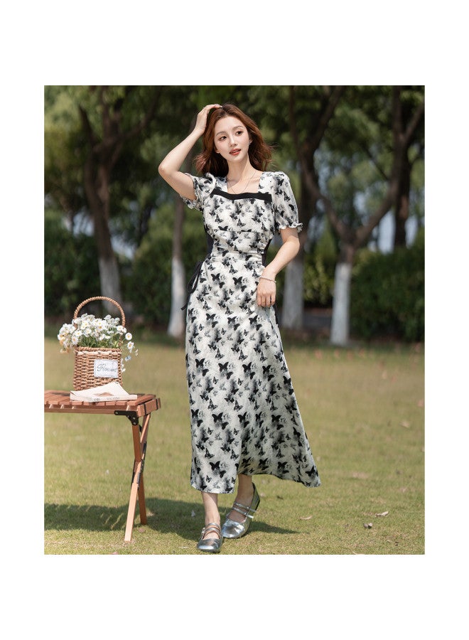 TonLion 2025 Summer Women's Square Neck Short Sleeve Color-blocking Dress - Elegant Lady Style, Versatile Fashion Youthful Long Dress - Image 5