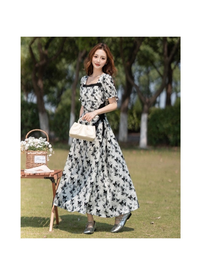 TonLion 2025 Summer Women's Square Neck Short Sleeve Color-blocking Dress - Elegant Lady Style, Versatile Fashion Youthful Long Dress - Image 2