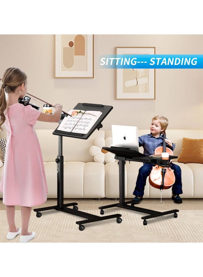 Green Tiger Height Adjustable Rolling Laptop Stand, Overbed Table with 2 Tilting Desktops, Mobile Laptop Table for Couch with Cup Holder, Mobile Computer Workstation for Office, Home and Hospital - Image 2