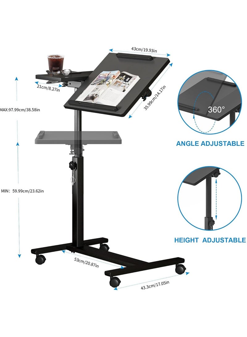 Green Tiger Height Adjustable Rolling Laptop Stand, Overbed Table with 2 Tilting Desktops, Mobile Laptop Table for Couch with Cup Holder, Mobile Computer Workstation for Office, Home and Hospital - Image 3