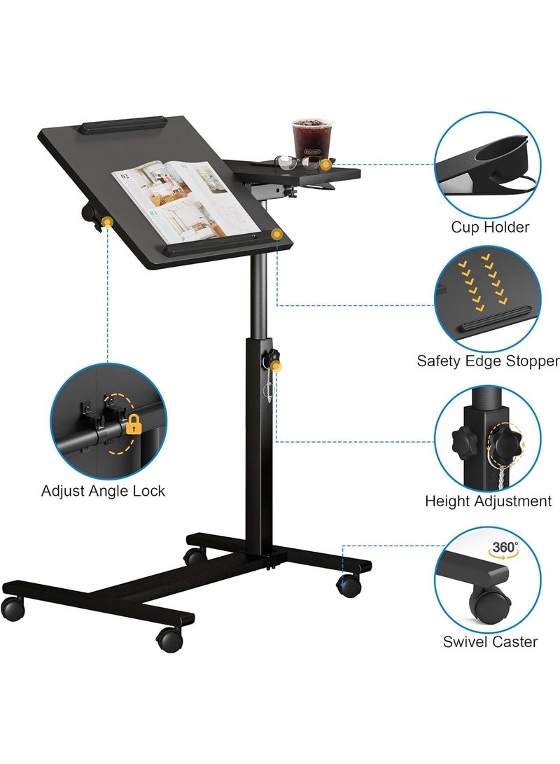 Green Tiger Height Adjustable Rolling Laptop Stand, Overbed Table with 2 Tilting Desktops, Mobile Laptop Table for Couch with Cup Holder, Mobile Computer Workstation for Office, Home and Hospital - Image 4