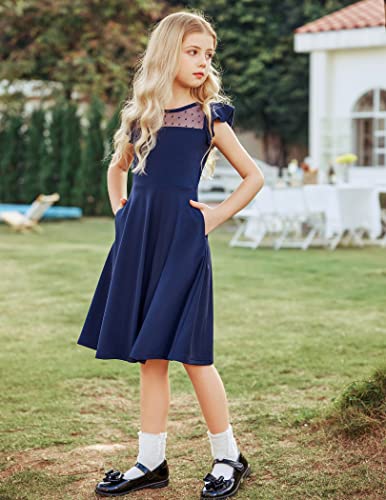 Arshiner فستان بنات أرتشينر صيفي بأكمام مرفرفة من الشبك بتصميم A-Line لحفلات الكاجوال مع جيوب 6-13 سنة باللون الأزرق الداكن - Image 5