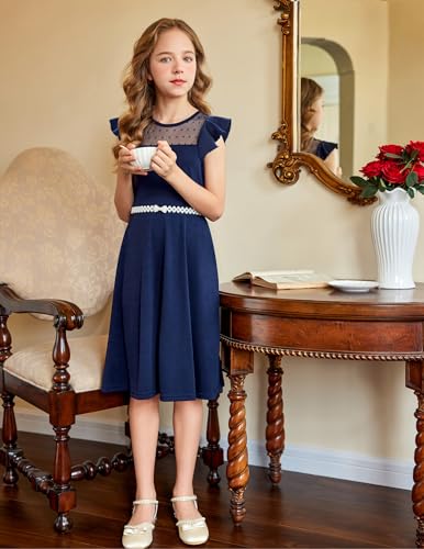 Arshiner فستان بنات أرتشينر صيفي بأكمام مرفرفة من الشبك بتصميم A-Line لحفلات الكاجوال مع جيوب 6-13 سنة باللون الأزرق الداكن - Image 4