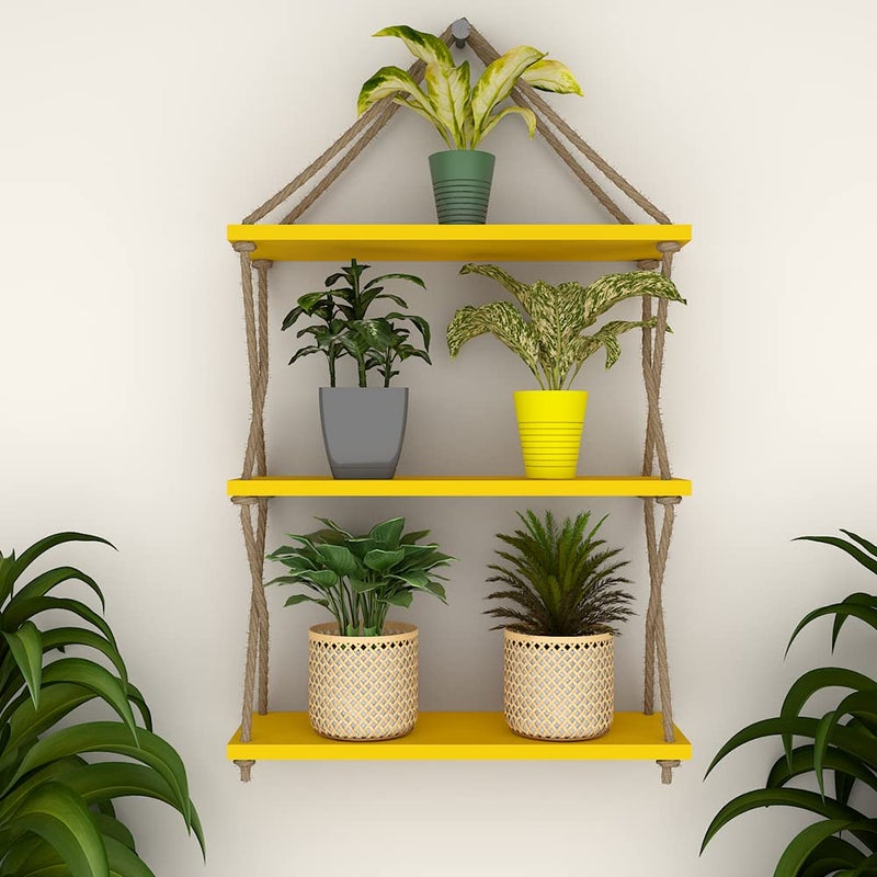 Khush Enterprise Its Amazing Wooden Wall Hanging Shelf With Cross Rope 3 Layers Yellow Color