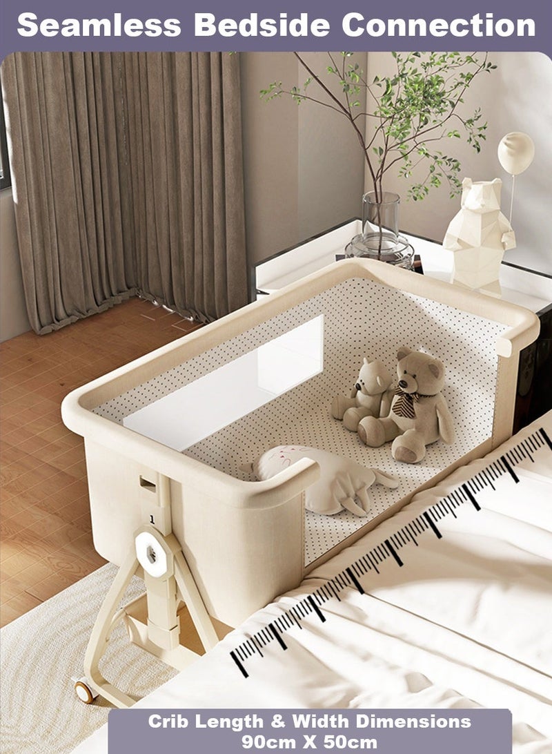 3 in 1 Baby Bassinet Crib with Breathable Mesh, Bassinet Bedside Sleeper with Wheels, Mosquito Net, Storage Basket, 6 Height Adjustable, Easy to Fold, Rocking Bassinet for Baby (Beige) - Image 3