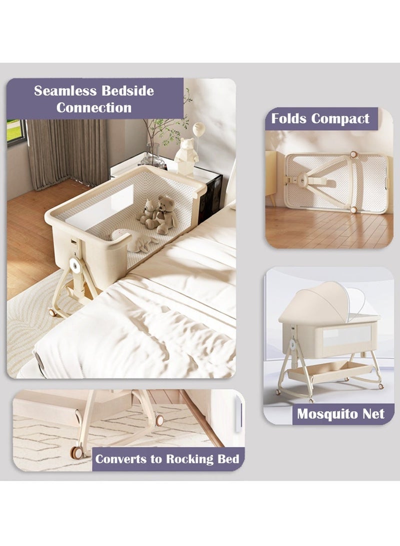 3 in 1 Baby Bassinet Crib with Breathable Mesh, Bassinet Bedside Sleeper with Wheels, Mosquito Net, Storage Basket, 6 Height Adjustable, Easy to Fold, Rocking Bassinet for Baby (Beige) - Image 1