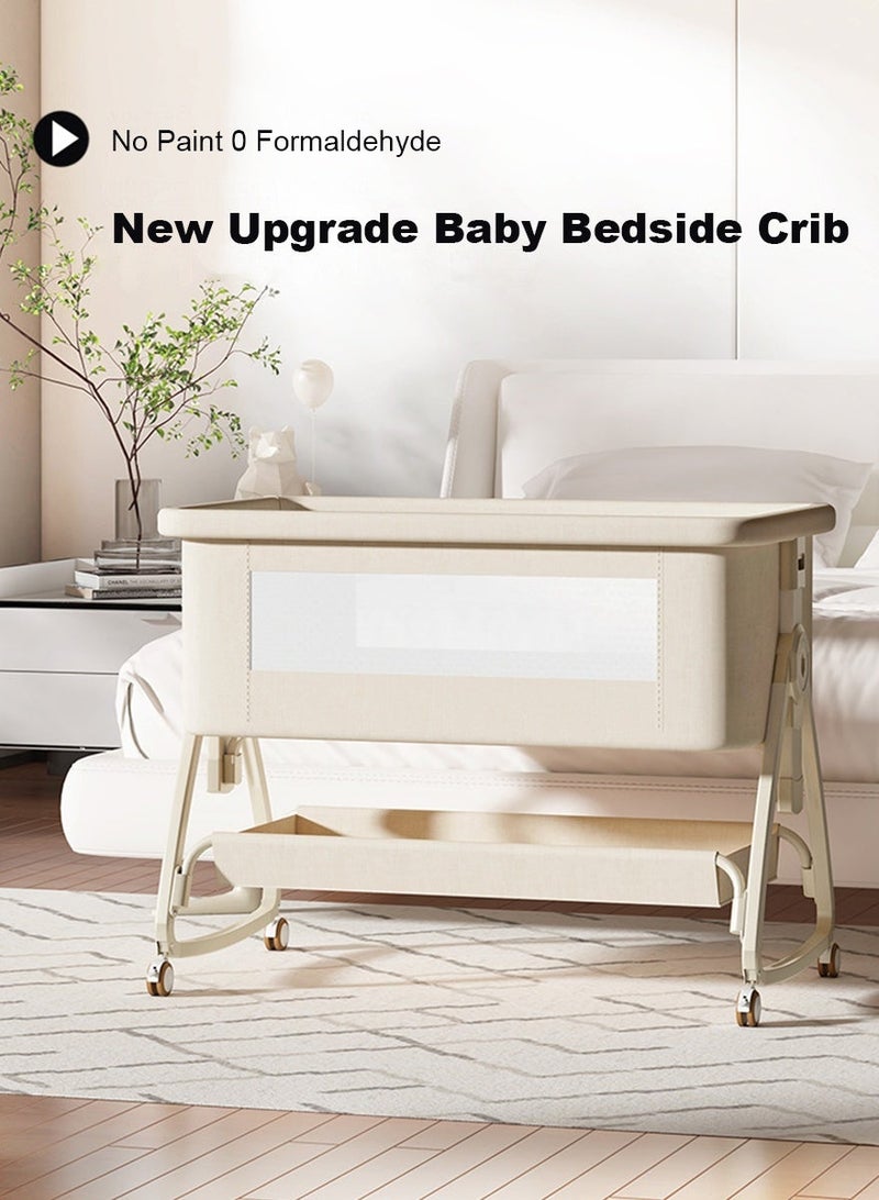 3 in 1 Baby Bassinet Crib with Breathable Mesh, Bassinet Bedside Sleeper with Wheels, Mosquito Net, Storage Basket, 6 Height Adjustable, Easy to Fold, Rocking Bassinet for Baby (Beige) - Image 2