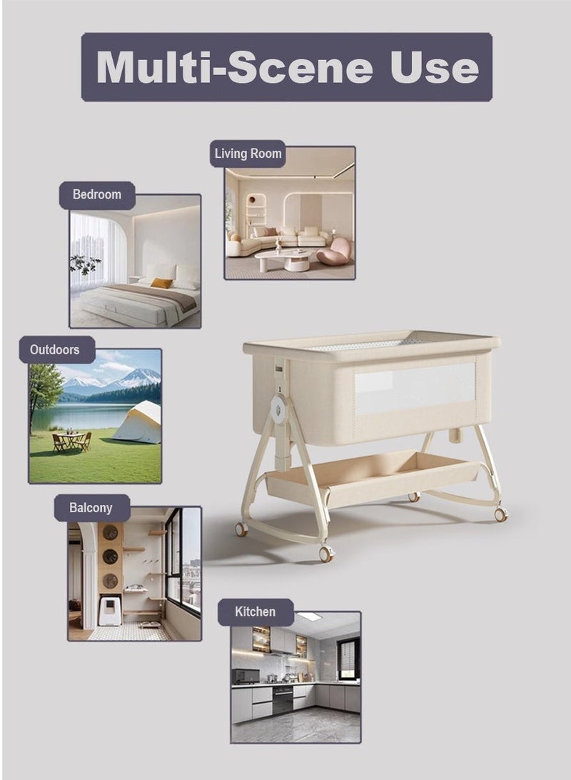 3 in 1 Baby Bassinet Crib with Breathable Mesh, Bassinet Bedside Sleeper with Wheels, Mosquito Net, Storage Basket, 6 Height Adjustable, Easy to Fold, Rocking Bassinet for Baby (Beige) - Image 5