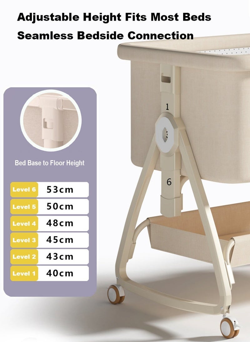 3 in 1 Baby Bassinet Crib with Breathable Mesh, Bassinet Bedside Sleeper with Wheels, Mosquito Net, Storage Basket, 6 Height Adjustable, Easy to Fold, Rocking Bassinet for Baby (Beige) - Image 4