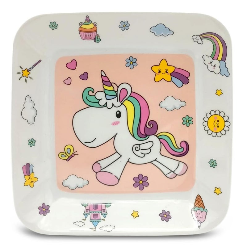Superware Melamine Kids Snack Plates Spoon Set Unicorn Design Durable Food Serving Dinnerware Lightweight Unbreakable Pack of 3 Child Friendly Mealtime Solution - Image 1