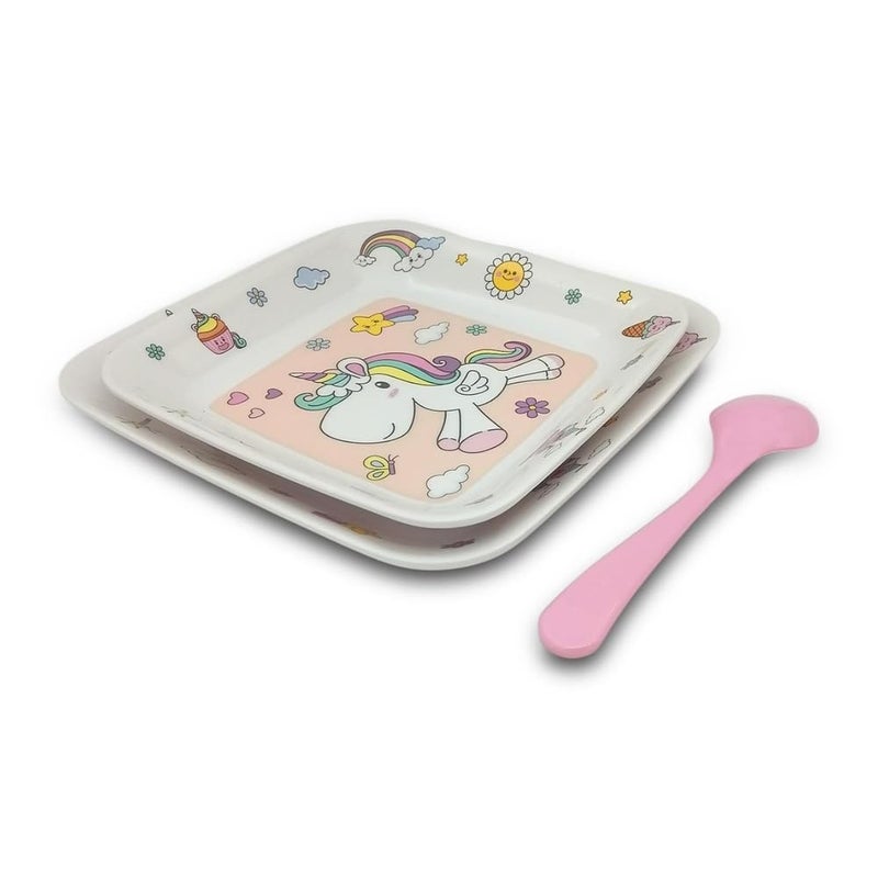 Superware Melamine Kids Snack Plates Spoon Set Unicorn Design Durable Food Serving Dinnerware Lightweight Unbreakable Pack of 3 Child Friendly Mealtime Solution - Image 3