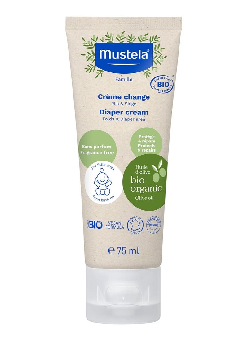Mustek Mustela Bio Organic Baby Natural Diaper Cream with Olive Oil Aloe Vera & Sunflower Oil Fragrance Free Vegan EWG Verified  75ml  - Image 1