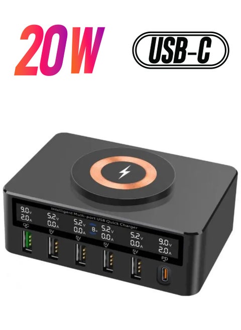6 IN 1 Wireless Charging Device, 4-Port Multi-Function Charging Station, QC3.0+USB+PD Fast Charging Hub, for Phones, Tablets, Laptops, and More