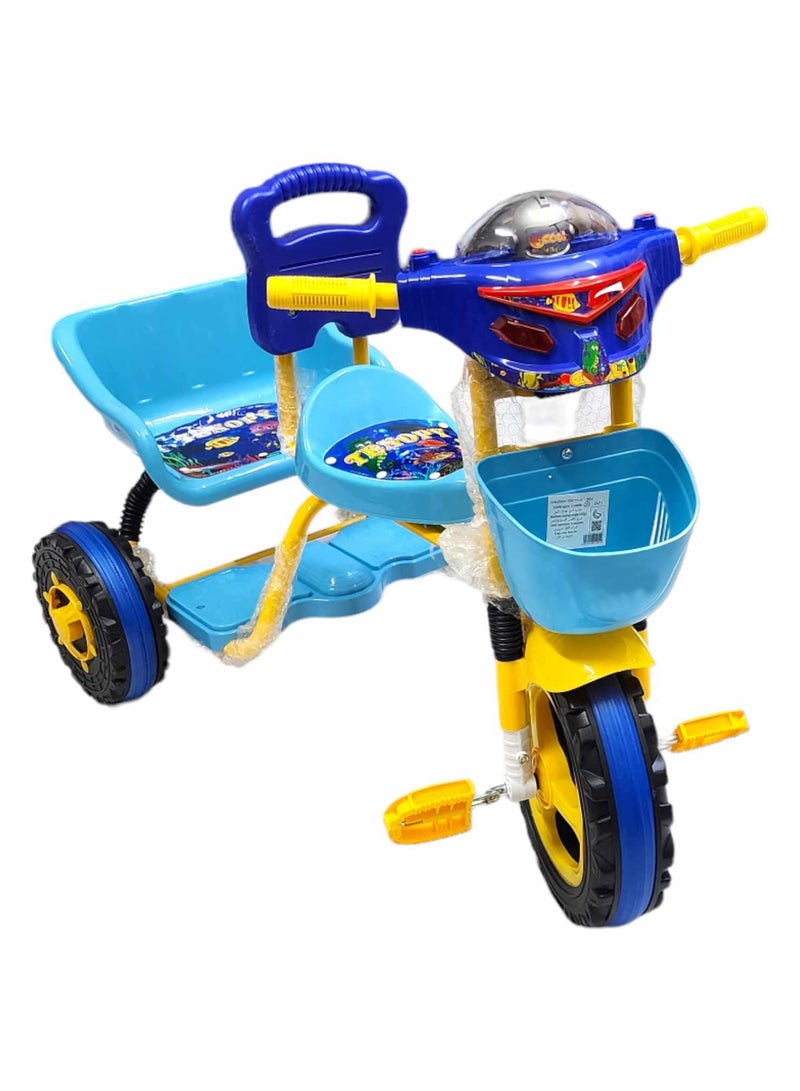 دراجة ثلاثية العجلات بلاستيكية ذات مقعد مزدوج مقعد مريح مع أصوات وسلة ومقابض مضادة للانزلاق للأطفال - Image 1