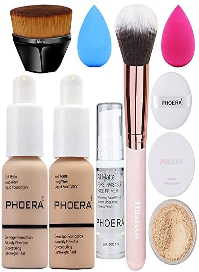Hilareco PHOERA Foundation, Primer, Powder, Makeup Set - Kabuki Brushes, 2 Pcs Sponge (102 Nude + 104 Buff Beige) - Image 2