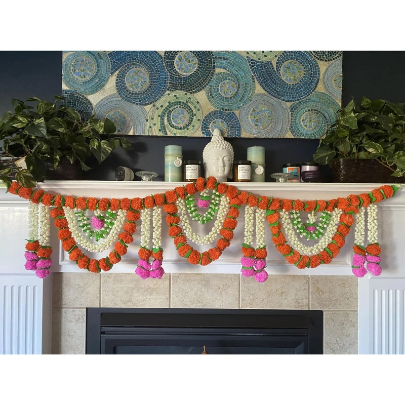 LoveNspire 5 Feet Marigold Jasmine Door Toran Hanging Valance Marygold Garland Mantle Window Decor Puja Diwali Decoration Day of The Dead Dia De Los Muertos Ofrenda Mexican Fiesta Halloween Decor
