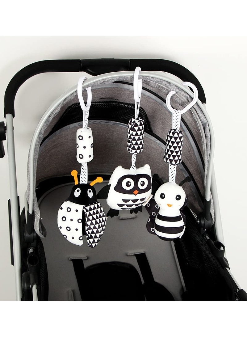 Zikra Hanging Rattle Toys, High Contrast Baby Toys and Plush Stroller Toys, Newborn Car Seat Toys with Black and White Cartoon Shapes Ladybug, Bee & Owl for Babies 0-36 Months (3 Pack) - Image 3