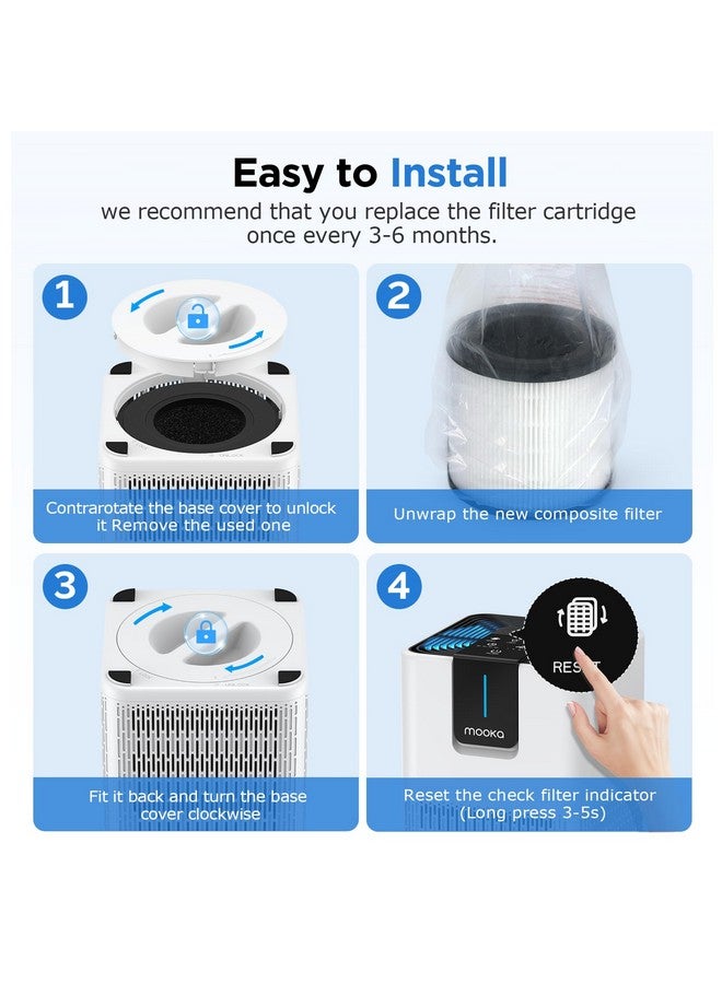 Mooka فلتر جهاز تنقية الهواء MOOKA M05، فلتر HEPA حقيقي 3 في 1، فلتر هواء كربون نشط عالي الكفاءة للدخان، الروائح، قشور الحيوانات، حبوب اللقاح - Image 5