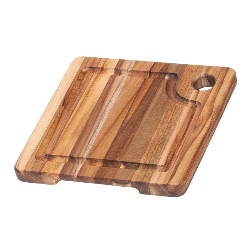 Teakhaus Marine Cutting Board with Juice Groove - Small Square Bar Cutting Board with Corner Hole - Reversible Teak Edge Grain Wood - Knife Friendly - FSC Certified - Image 1