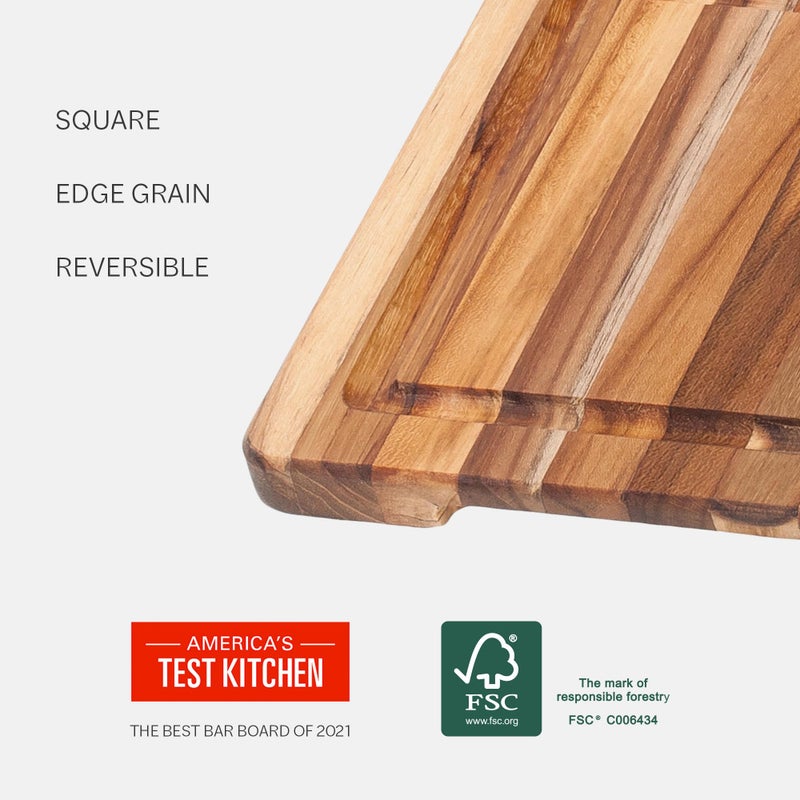 Teakhaus Marine Cutting Board with Juice Groove - Small Square Bar Cutting Board with Corner Hole - Reversible Teak Edge Grain Wood - Knife Friendly - FSC Certified - Image 3