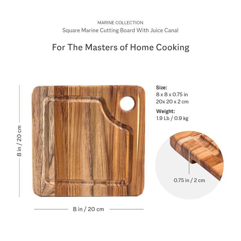 Teakhaus Marine Cutting Board with Juice Groove - Small Square Bar Cutting Board with Corner Hole - Reversible Teak Edge Grain Wood - Knife Friendly - FSC Certified - Image 2
