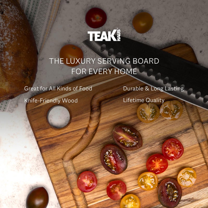 Teakhaus Marine Cutting Board with Juice Groove - Small Square Bar Cutting Board with Corner Hole - Reversible Teak Edge Grain Wood - Knife Friendly - FSC Certified - Image 4