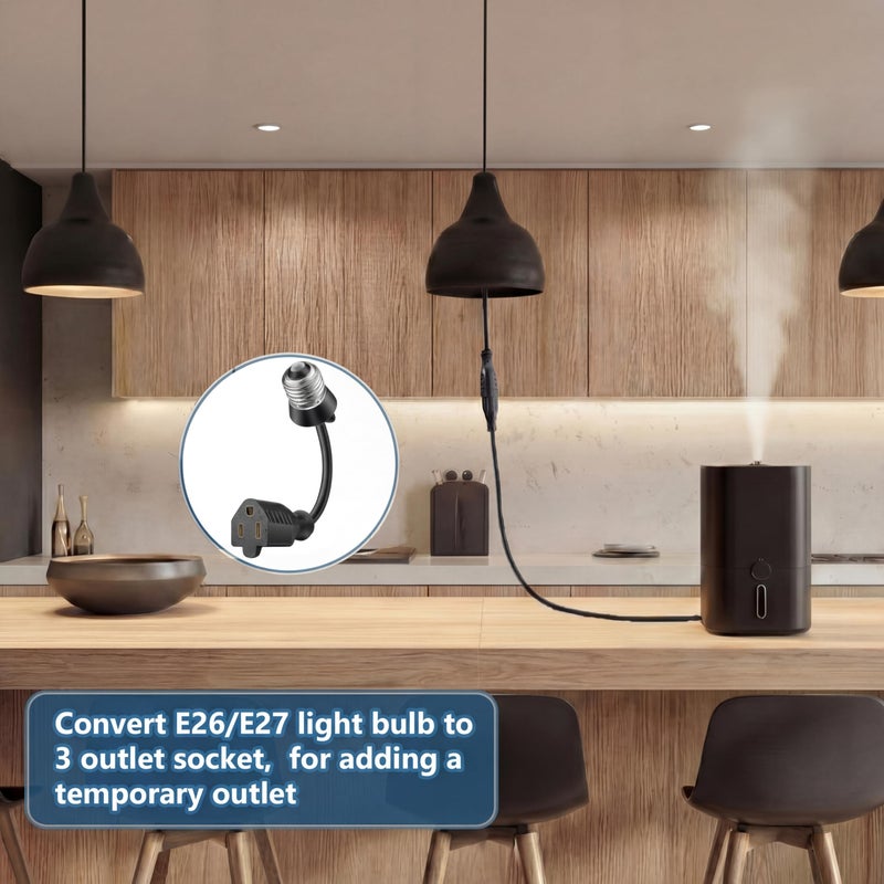 Feekoon 1 Pack 3 Outlet Light Socket Adapter, Convert E26/E27 Bulb Socket to 3 Prong Outlet with Extension Cord, Light Bulb Plug Adapter Converter Suitable for Outdoor Porch Garage Patio Use (Black) - Image 5