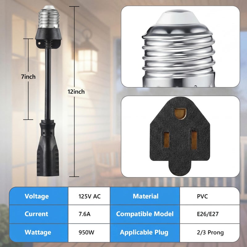 Feekoon 1 Pack 3 Outlet Light Socket Adapter, Convert E26/E27 Bulb Socket to 3 Prong Outlet with Extension Cord, Light Bulb Plug Adapter Converter Suitable for Outdoor Porch Garage Patio Use (Black) - Image 2