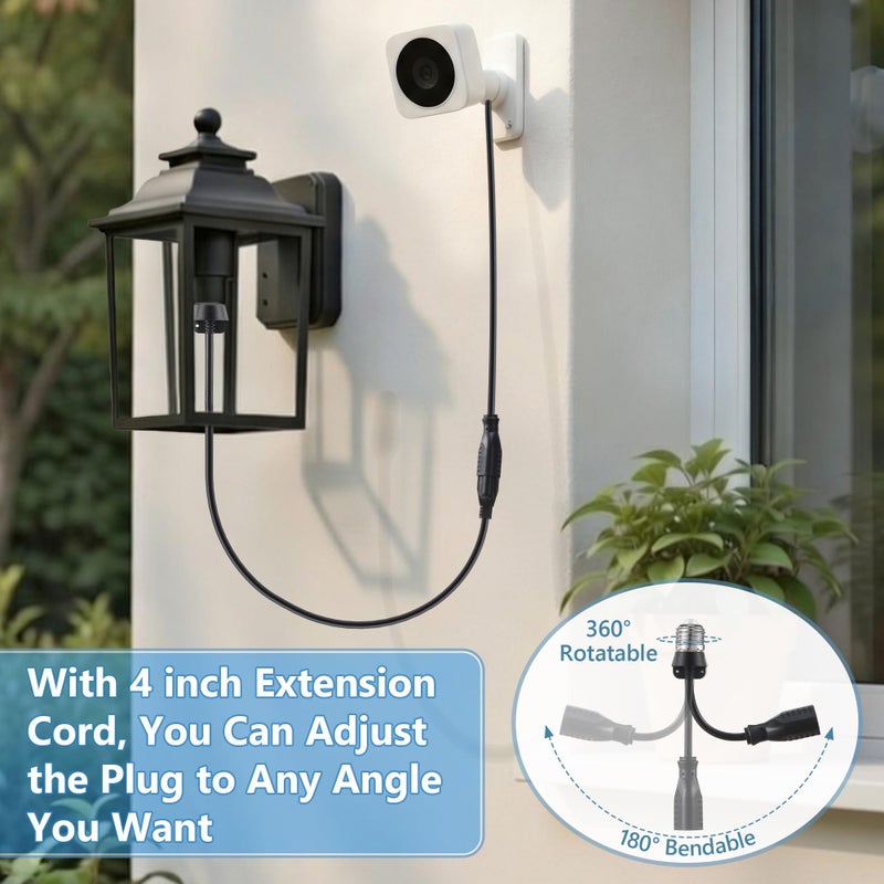 Feekoon 1 Pack 3 Outlet Light Socket Adapter, Convert E26/E27 Bulb Socket to 3 Prong Outlet with Extension Cord, Light Bulb Plug Adapter Converter Suitable for Outdoor Porch Garage Patio Use (Black) - Image 3