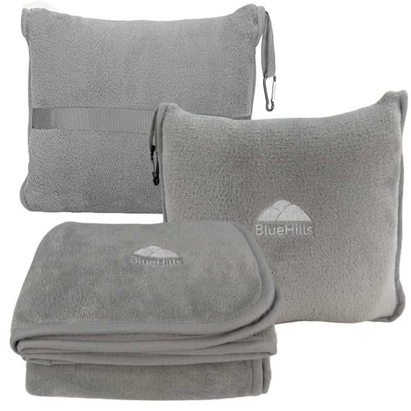 BlueHills BlueHills Premium Soft Travel Blanket Pillow Airplane Flight Blanket Throw in Soft Bag Pillow case with Luggage Belt  Backpack Clip Compact Pack Large  Light Gray T024 