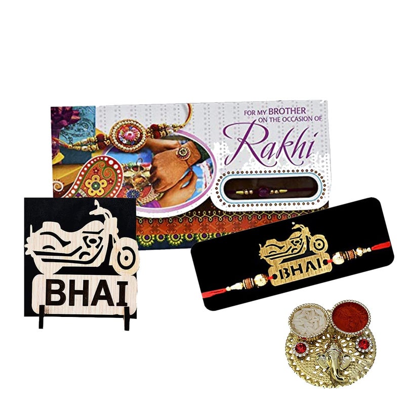 Natali Traders Rakhi for Brother with Gift Bike Rakhi for Bhai with Showpiece and Greeting Card Exclusive Rakhi Roli Chawal Chopra