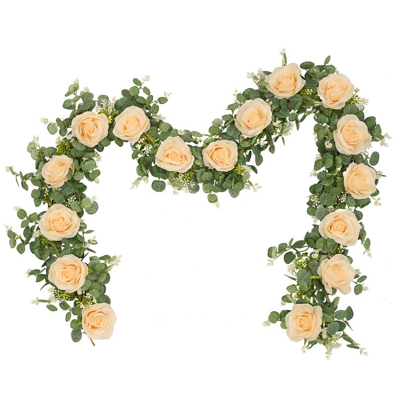 Dolicer 2Pcs 13Ft Artificial Eucalyptus Garlands with Flowers - 8 Roses  Faux Floral Greenery Garlands Fake Flowers Vines for Wedding Table Centerpieces Arch Party Ceremony Backdrop Decor (Champagne) - Image 1