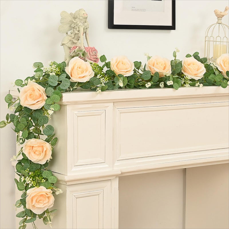 Dolicer 2Pcs 13Ft Artificial Eucalyptus Garlands with Flowers - 8 Roses  Faux Floral Greenery Garlands Fake Flowers Vines for Wedding Table Centerpieces Arch Party Ceremony Backdrop Decor (Champagne) - Image 3