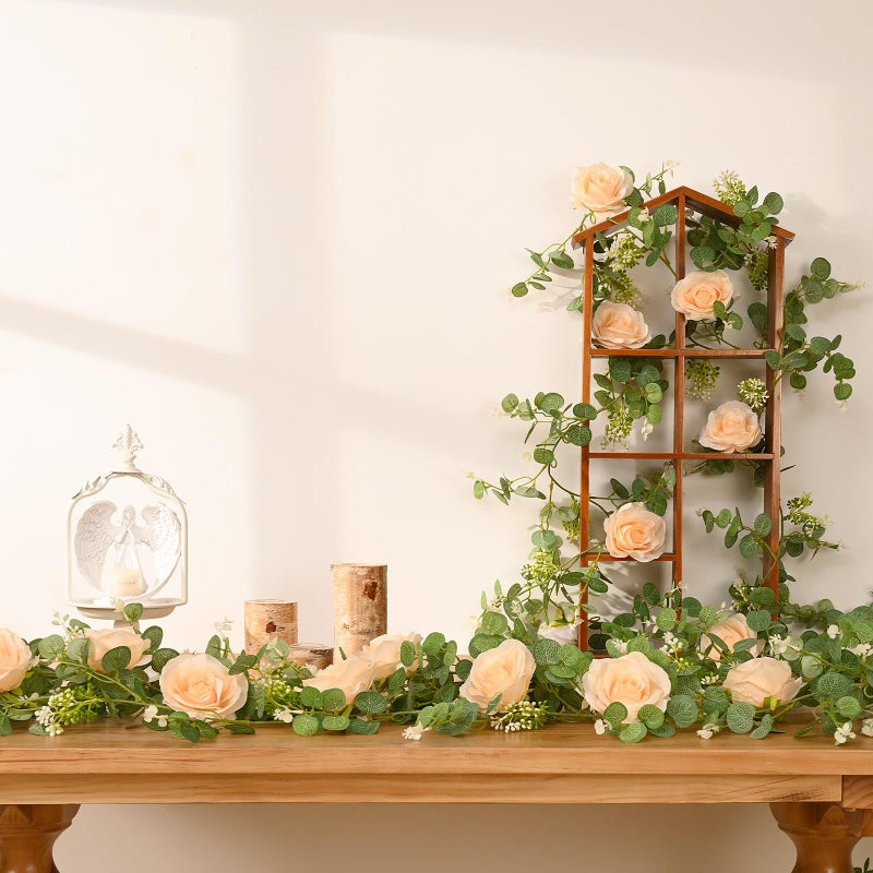 Dolicer 2Pcs 13Ft Artificial Eucalyptus Garlands with Flowers - 8 Roses  Faux Floral Greenery Garlands Fake Flowers Vines for Wedding Table Centerpieces Arch Party Ceremony Backdrop Decor (Champagne) - Image 4