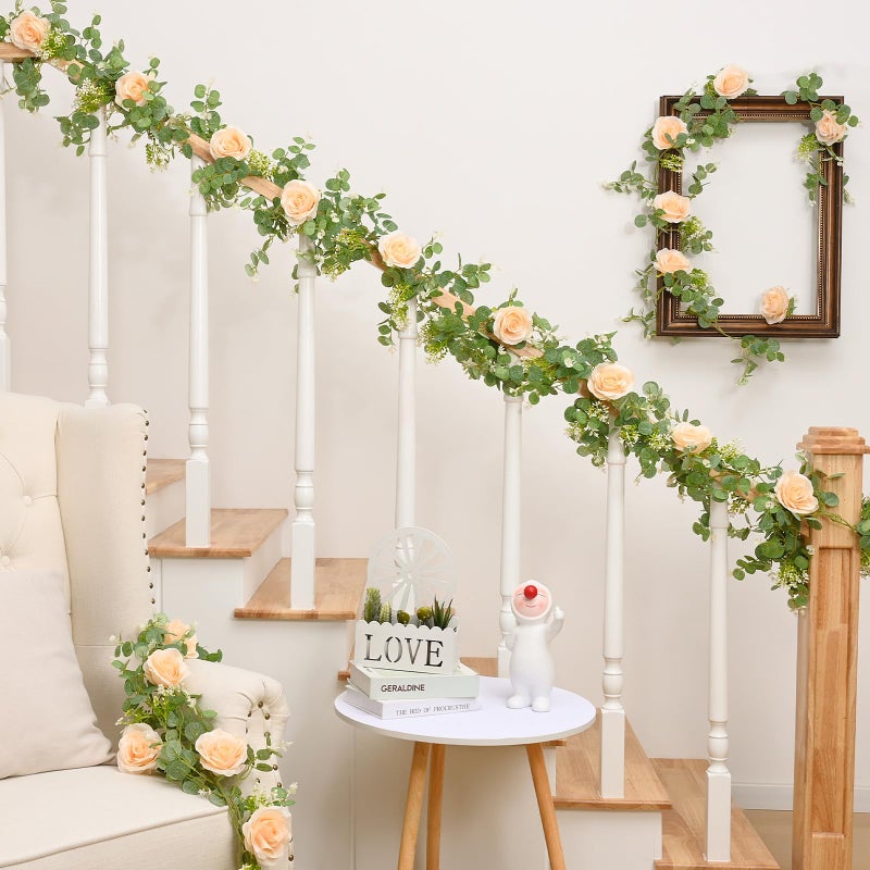 Dolicer 2Pcs 13Ft Artificial Eucalyptus Garlands with Flowers - 8 Roses  Faux Floral Greenery Garlands Fake Flowers Vines for Wedding Table Centerpieces Arch Party Ceremony Backdrop Decor (Champagne) - Image 5