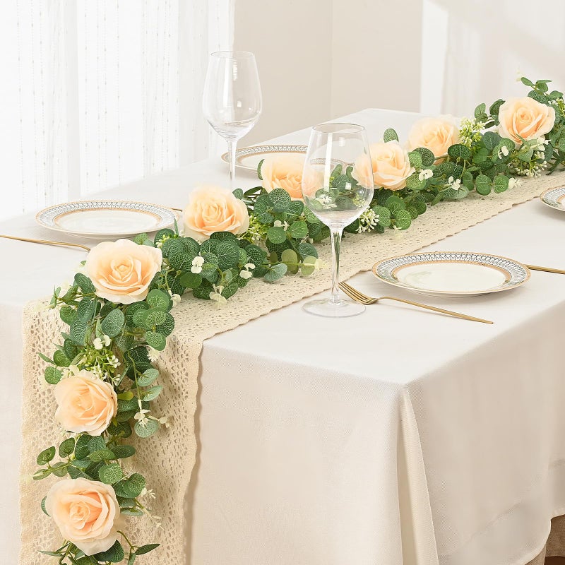 Dolicer 2Pcs 13Ft Artificial Eucalyptus Garlands with Flowers - 8 Roses  Faux Floral Greenery Garlands Fake Flowers Vines for Wedding Table Centerpieces Arch Party Ceremony Backdrop Decor (Champagne) - Image 2